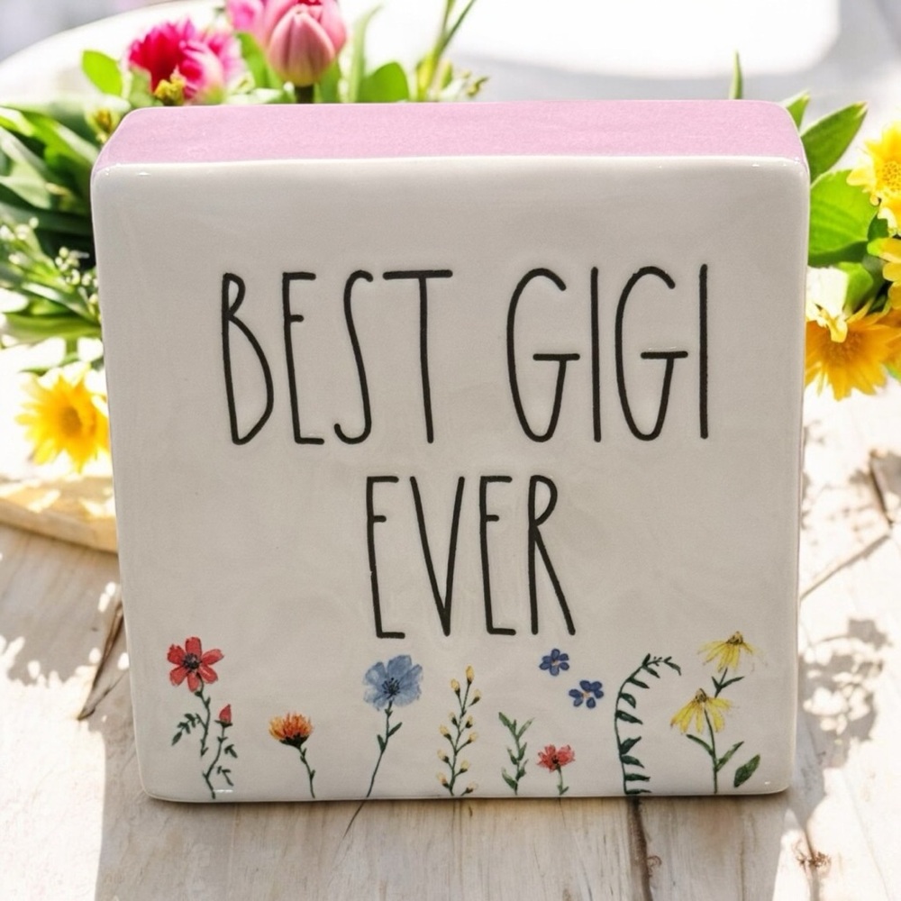 NEW Rae Dunn ‘BEST GIGI EVER’ 4x4 Ceramic Block With Colorful floral accents.